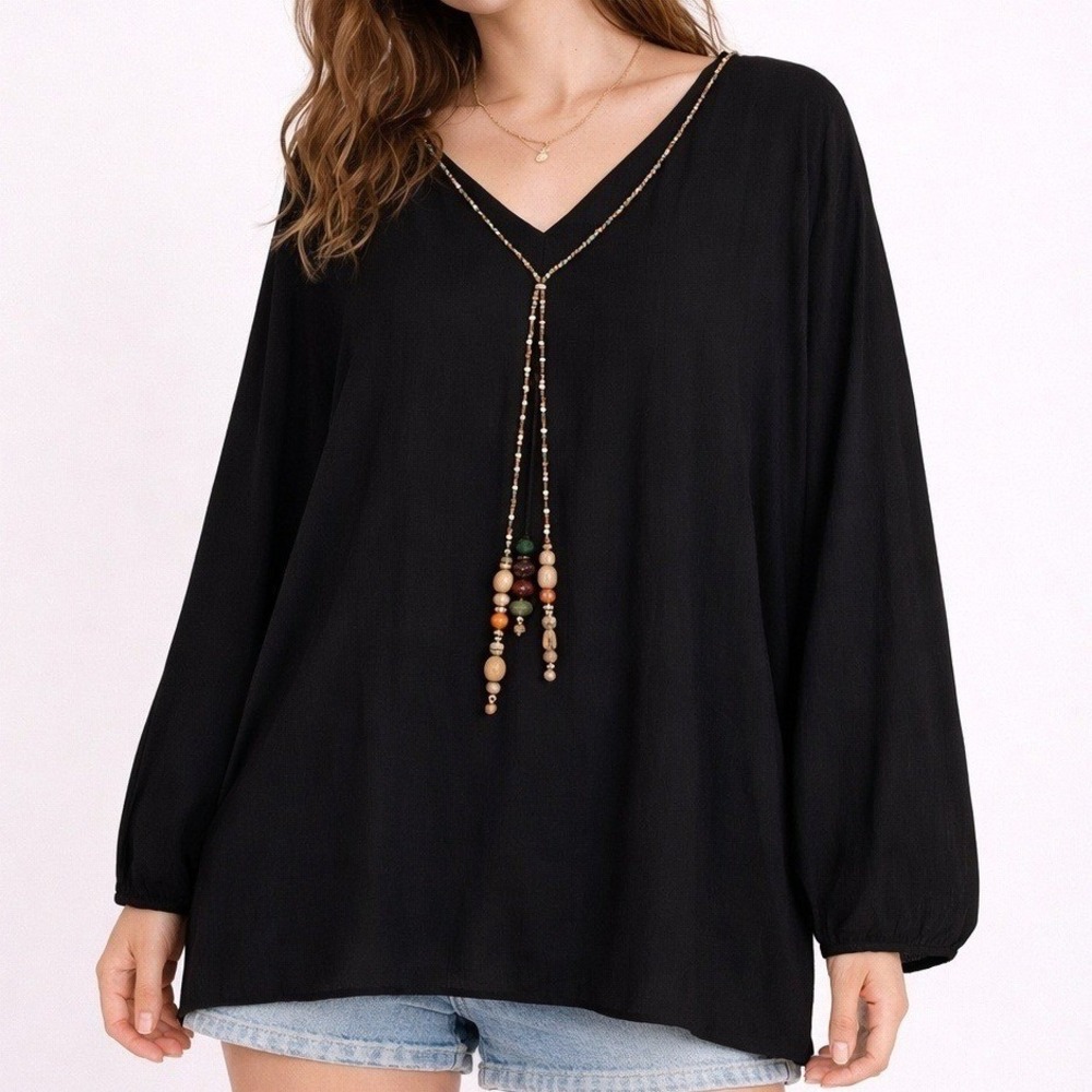 Vintage Carole Little Black Long Sleeve Flowy Blouse L Beaded Tassels Boho- See